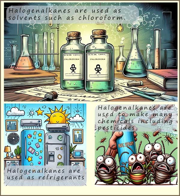 Images showing the common uses of halogenalkanes or haloalkanes